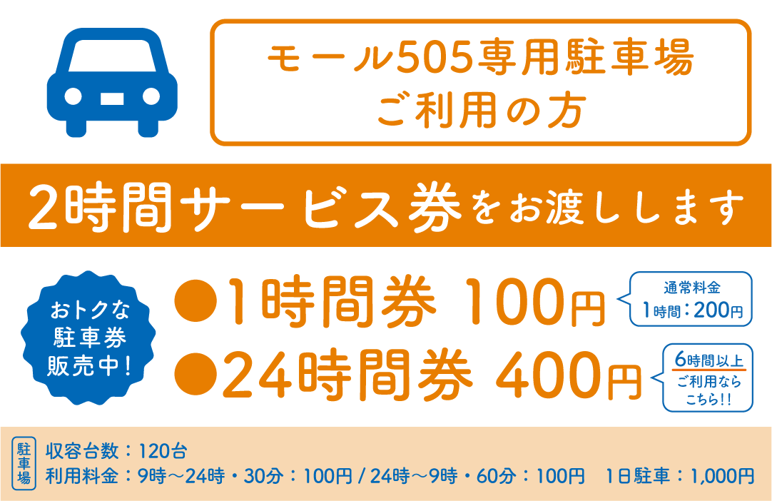 モール505専用駐車場ご利用の方には2時間サービス券をお渡しします。お得な駐車券も発売中。詳しくはスタッフへお声がけください。